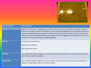 Nom de l’activitat: Tapet emmarcat.
Tècnica com és desenvolupa: Agafem un foli de paper i el doblegarem en moltes parts, amb unes tisores retallarem les puntes o trossets
petits, com ens agradi, després el desdoblarem i amb cola blanca l’enganxàrem en una cartolina del color que
vulguem, també podem posar un paper de cel·lofana de colors a davant per poder així crear un efecte òptic
diferent. Per últim amb folis de diferents colors tallats a mesura els enganxarem al costat per fer com un marc,
es pot fer de la manera desitjada i amb diferents papers.
Objectius: Incrementar la motricitat fina.
Augmentar la creativitat.
Saber utilitzar les tisores.
Materials: Una cartolina del color que vulguem, un foli de color blanc, dos folis de colors, un tros de cel·lofana de color,
unes tisores, un pinzell i cola blanca.
Observacions: Hem de vigilar perquè al enganxar el tros de cel·lofana es veu molt la cola i em de posar poca quantitat, i al
enganxar el tapet també ja que sinó es trenca el paper.
 