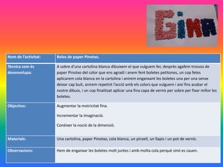Nom de l’activitat: Boles de paper Pinotxo.
Tècnica com és
desenvolupa:
A sobre d’una cartolina blanca dibuixem el que vulguem fer, desprès agafem trossos de
paper Pinotxo del color que ens agradi i anem fent boletes petitones, un cop fetes
aplicarem cola blanca en la cartolina i anirem enganxant les boletes una per una sense
deixar cap buit, anirem repetint l’acció amb els colors que vulguem i així fins acabar el
nostre dibuix, i un cop finalitzat aplicar una fina capa de vernís per sobre per fixar millor les
boletes.
Objectius: Augmentar la motricitat fina.
Incrementar la imaginació.
Conèixer la noció de la dimensió.
Materials: Una cartolina, paper Pinotxo, cola blanca, un pinzell, un llapis i un pot de vernís.
Observacions: Hem de enganxar les boletes molt juntes i amb molta cola perquè sinó es cauen.
 