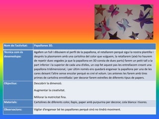 Nom de l’activitat: Papallones 3D.
Tècnica com és
desenvolupa:
Agafem un full i dibuixem el perfil de la papallona, el retallarem perquè sigui la nostra plantilla i
després la plasmarem amb una cartolina del color que vulguem, la retallarem (això ho haurem
de repetir dues vegades ja que la papallona en 3D consta de dues parts) farem un petit tall a la
part inferior i la superior de cada una d’elles, un cop fet aquest pas les entrellacem creant una
papallona tridimensional, i per últim només ens quedarà enganxar la papallona per una de les
cares deixant l’altre sense encolar perquè es creí el volum. Les antenes les farem amb tires
primes de cartolina enrotllada i per decorar farem estrelles de diferents tipus de papers.
Objectius: Descobrir la dimensió.
Augmentar la creativitat.
Millorar la motricitat fina.
Materials: Cartolines de diferents color, llapis, paper amb purpurina per decorar, cola blanca i tisores.
Observacions: Vigilar d’enganxar bé les papallones perquè sinó no tindrà moviment.
 
