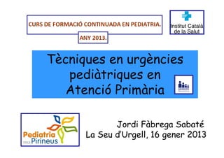 Tècniques en urgències
   pediàtriques en
   Atenció Primària

             Jordi Fàbrega Sabaté
      La Seu d’Urgell, 16 gener 2013
 