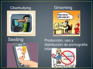 Ciberbullying Grooming
Sexting Producción, uso y
distribución de pornografía
infantil
 