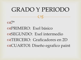 
GRADO Y PERIODO
7*
PRIMERO: Exel básico
SEGUNDO: Exel intermedio
TERCERO: Graficadores en 2D
CUARTOI: Diseño egrafico paint
 