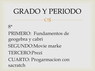 
GRADO Y PERIODO
8*
PRIMERO: Fundamentos de
geogebra y cabri
SEGUNDO:Movie marke
TERCERO:Prezi
CUARTO: Progarmacion con
sacratch
 