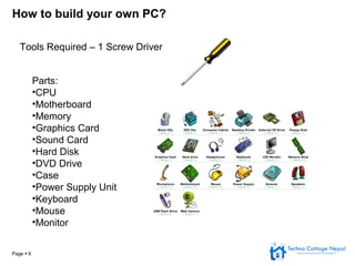 Page  6
How to build your own PC?
Tools Required – 1 Screw Driver
Parts:
•CPU
•Motherboard
•Memory
•Graphics Card
•Sound Card
•Hard Disk
•DVD Drive
•Case
•Power Supply Unit
•Keyboard
•Mouse
•Monitor
 