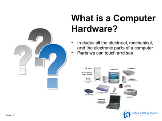 Page  1
• Includes all the electrical, mechanical,
and the electronic parts of a computer
• Parts we can touch and see
What is a Computer
Hardware?
 