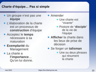 mai 2021 https://tco.thierrycros.net 10
Charte d’équipe… Pas si simple
Un groupe n’est pas une
équipe
L’élaboration de la charte
est un processus de
construction d’équipe
Acceptez le temps
nécessaire à sa
maturation
Exemplarité du
Management
La charte a
l’importance…
Qu’on lui donne.
Amender
Une charte est
“vivante”
Posture de “disciple”
de la vie de
l’équipe
Afficher la charte dans
les lieux de prise de
décision
Se forger un talisman
Une ou deux phrases
qui résument
la charte
 