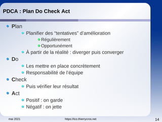 mai 2021 https://tco.thierrycros.net 14
PDCA : Plan Do Check Act
Plan
Planifier des “tentatives” d’amélioration
Régulièrement
Opportunément
À partir de la réalité : diverger puis converger
Do
Les mettre en place concrètement
Responsabilité de l’équipe
Check
Puis vérifier leur résultat
Act
Positif : on garde
Négatif : on jette
 
