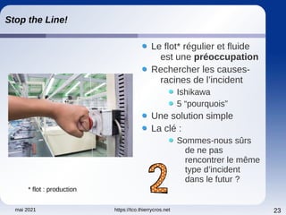 mai 2021 https://tco.thierrycros.net 23
Stop the Line!
Le flot* régulier et fluide
est une préoccupation
Rechercher les causes-
racines de l’incident
Ishikawa
5 “pourquois”
Une solution simple
La clé :
Sommes-nous sûrs
de ne pas
rencontrer le même
type d’incident
dans le futur ?
* flot : production
 