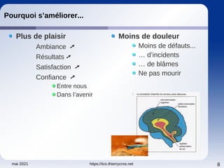 mai 2021 https://tco.thierrycros.net 8
Pourquoi s’améliorer...
Plus de plaisir
Ambiance Ú
Résultats Ú
Satisfaction Ú
Confiance Ú
Entre nous
Dans l’avenir
Moins de douleur
Moins de défauts...
… d’incidents
… de blâmes
Ne pas mourir
 