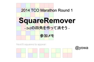 2014 TCO Marathon Round 12014 TCO Marathon Round 1
SquareRemoverSquareRemover
- 2x2- 2x2の四角を作って消そうの四角を作って消そう --
参加メモ参加メモ
@yowa
 