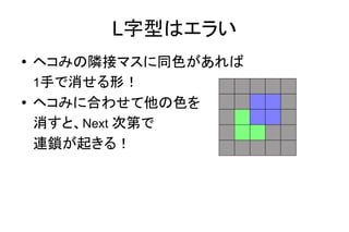 L字型はエラい
● ヘコみの隣接マスに同色があれば
1手で消せる形！
● ヘコみに合わせて他の色を
消すと、Next 次第で
連鎖が起きる！
 