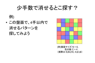 少手数で消せるとこ探す？
例)
● この盤面で、4手以内で
消せるパターンを
探してみよう
(例)盤面サイズ N = 6,
　　　　　色の数 C = 4
（実際は 8 N 16, 4 C 6≦ ≦ ≦ ≦ ）
 