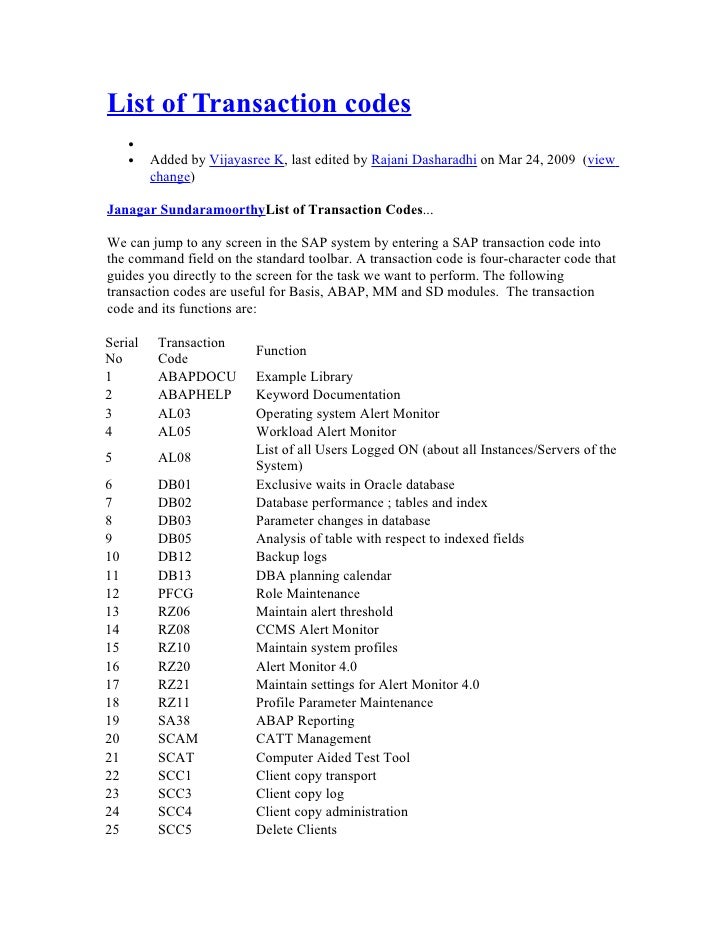 Sap Admin Tcode