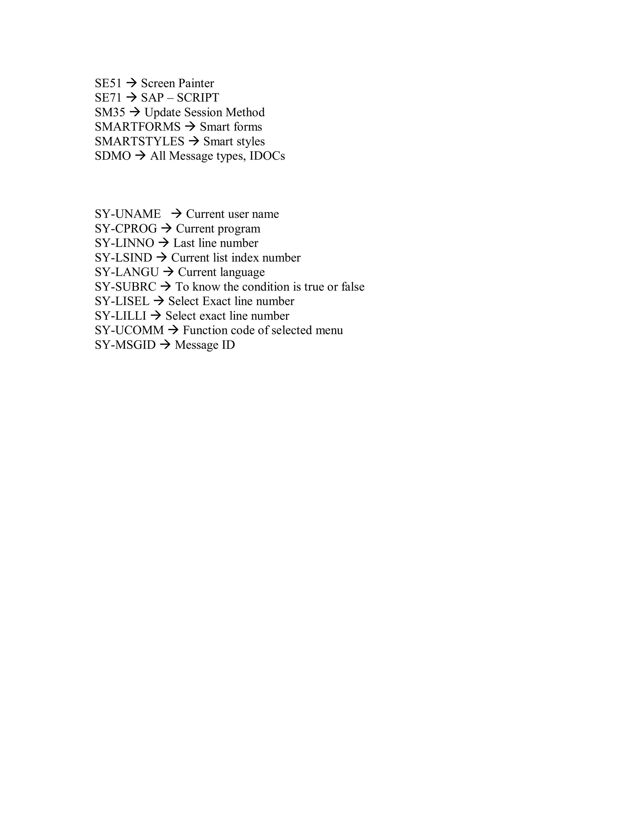 Abap T Codes