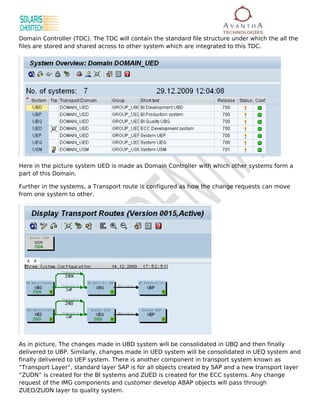 Domain Controller (TDC). The TDC will contain the standard file structure under which the all the
files are stored and shared across to other system which are integrated to this TDC.




Here in the picture system UED is made as Domain Controller with which other systems form a
part of this Domain.

Further in the systems, a Transport route is configured as how the change requests can move
from one system to other.




As in picture, The changes made in UBD system will be consolidated in UBQ and then finally
delivered to UBP. Similarly, changes made in UED system will be consolidated in UEQ system and
finally delivered to UEP system. There is another component in transport system known as
“Transport Layer”, standard layer SAP is for all objects created by SAP and a new transport layer
“ZUDN” is created for the BI systems and ZUED is created for the ECC systems. Any change
request of the IMG components and customer develop ABAP objects will pass through
ZUED/ZUDN layer to quality system.
 