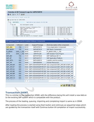 Transaction SAINT
This is a similar to the transaction SPAM, with the difference being this will install a new Add-on
to the existing SAP system which is compatible with the product.

The process of the loading, queuing, importing and completing import is same as in SPAM.

After loading the process is started using Start button and continues as sequential steps which
are guided by the transaction itself with Continue button till completion of import successfully.
 