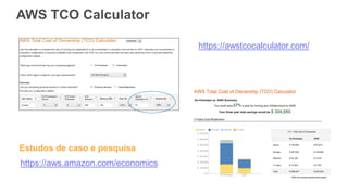 AWS TCO Calculator
https://awstcocalculator.com/
https://aws.amazon.com/economics
Estudos de caso e pesquisa
 