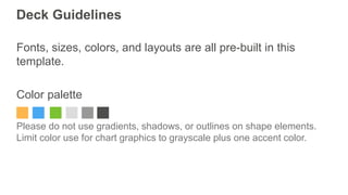 Deck Guidelines
Fonts, sizes, colors, and layouts are all pre-built in this
template.
Color palette
Please do not use gradients, shadows, or outlines on shape elements.
Limit color use for chart graphics to grayscale plus one accent color.
 