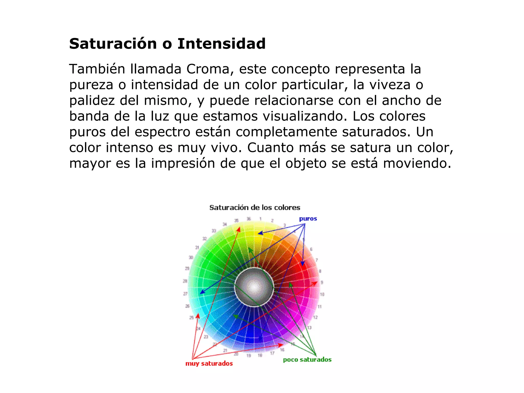 Saturación o Intensidad   También llamada Croma, este concepto representa la pureza o intensidad de un color particular, la viveza o palidez del mismo, y puede relacionarse con el ancho de banda de la luz que estamos visualizando. Los colores puros del espectro están completamente saturados. Un color intenso es muy vivo. Cuanto más se satura un color, mayor es la impresión de que el objeto se está moviendo.                                                                                     