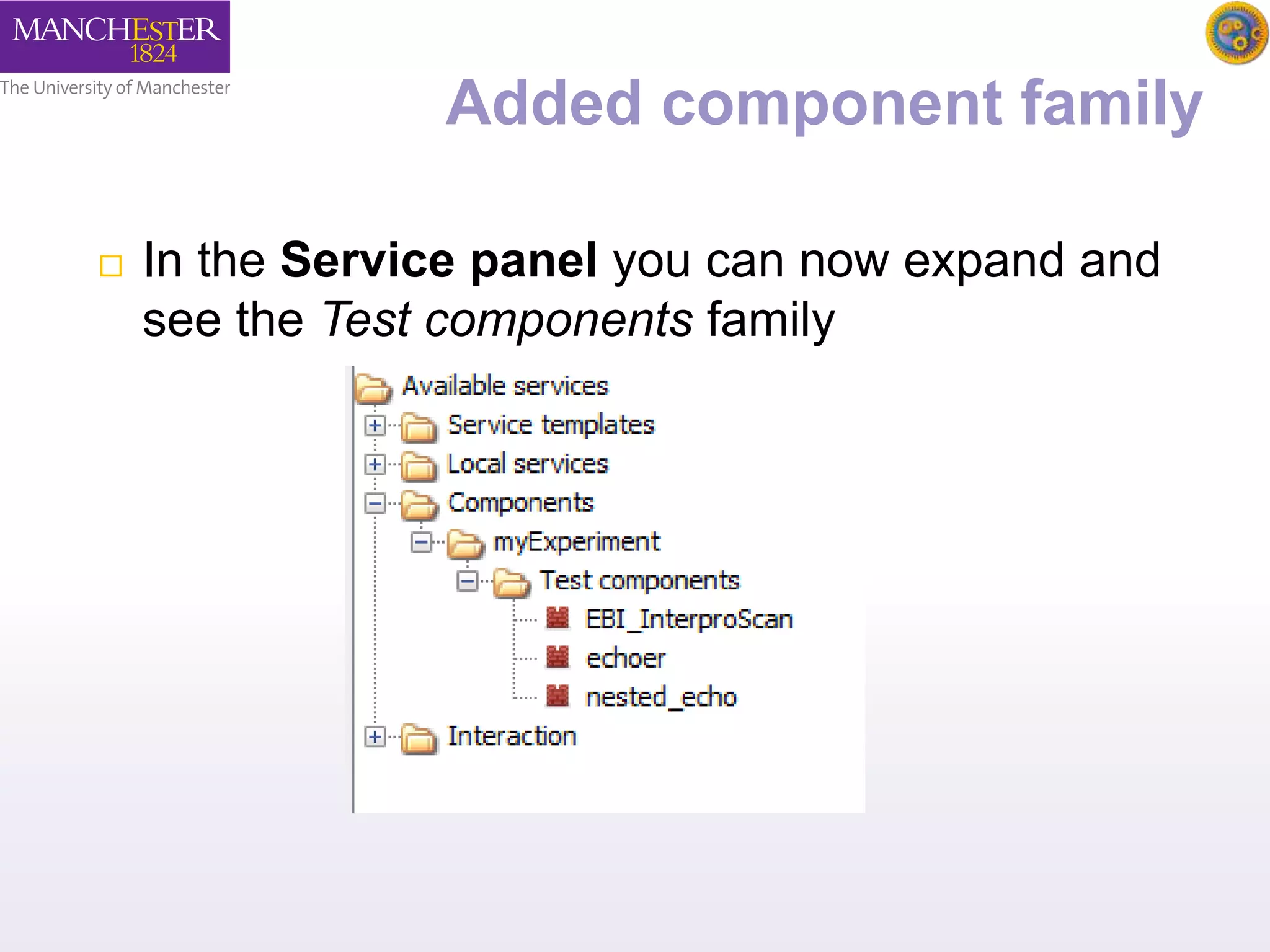 Added component family 
 In the Service panel you can now expand and 
see the Test components family 
 