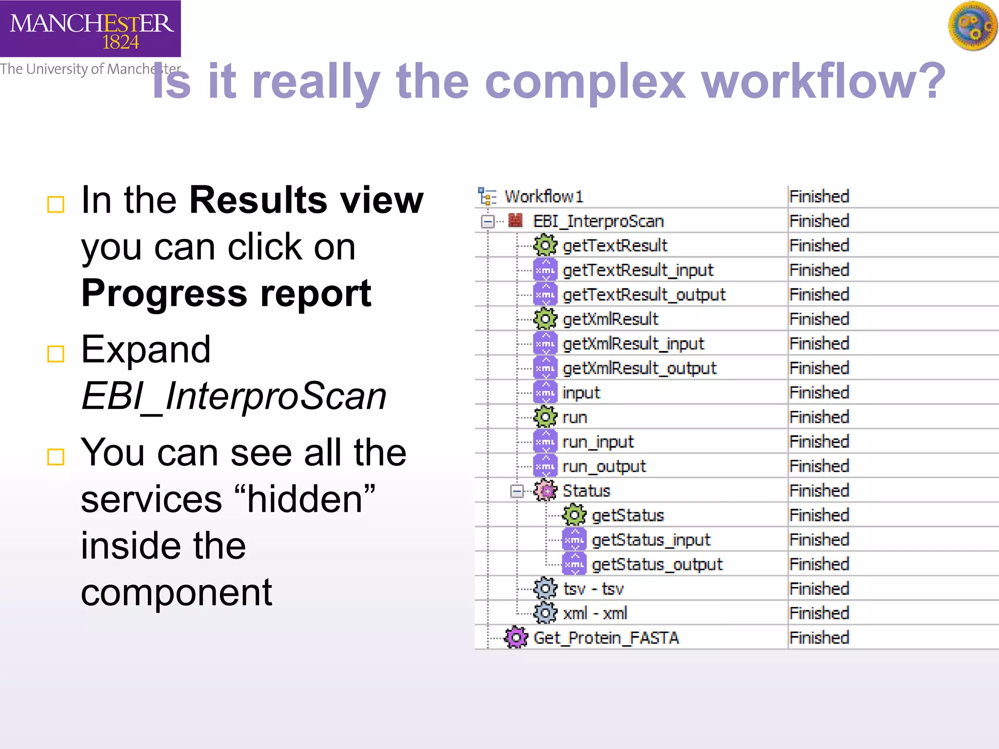 Is it really the complex workflow? 
 In the Results view 
you can click on 
Progress report 
 Expand 
EBI_InterproScan 
 You can see all the 
services “hidden” 
inside the 
component 
 