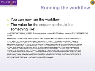 Running the workflow 
 You can now run the workflow 
 The value for the sequence should be 
something like: 
>sp|Q9BTV4|TMM43_HUMAN Transmembrane protein 43 OS=Homo sapiens GN=TMEM43 PE=1 
SV=1 
MAANYSSTSTRREHVKVKTSSQPGFLERLSETSGGMFVGLMAFLLSFYLIFTNEGRALKT 
ATSLAEGLSLVVSPDSIHSVAPENEGRLVHIIGALRTSKLLSDPNYGVHLPAVKLRRHVE 
MYQWVETEESREYTEDGQVKKETRYSYNTEWRSEIINSKNFDREIGHKNPSAMAVESFMA 
TAPFVQIGRFFLSSGLIDKVDNFKSLSLSKLEDPHVDIIRRGDFFYHSENPKYPEVGDLR 
VSFSYAGLSGDDPDLGPAHVVTVIARQRGDQLVPFSTKSGDTLLLLHHGDFSAEEVFHRE 
LRSNSMKTWGLRAAGWMAMFMGLNLMTRILYTLVDWFPVFRDLVNIGLKAFAFCVATSLT 
LLTVAAGWLFYRPLWALLIAGLALVPILVARTRVPAKKLE 
 