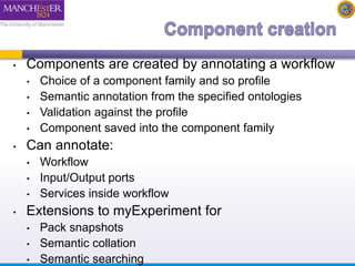 • Components are created by annotating a workflow 
• Choice of a component family and so profile 
• Semantic annotation from the specified ontologies 
• Validation against the profile 
• Component saved into the component family 
• Can annotate: 
• Workflow 
• Input/Output ports 
• Services inside workflow 
• Extensions to myExperiment for 
• Pack snapshots 
• Semantic collation 
• Semantic searching 
 