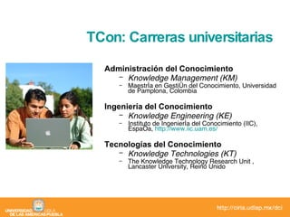 Administración del Conocimiento Knowledge Management (KM) Maestría en Gestión del Conocimiento, Universidad de Pamplona, Colombia  Ingeniería del Conocimiento Knowledge Engineering (KE) Instituto de Ingeniería del Conocimiento (IIC), España,  http://www.iic.uam.es/ Tecnologías del Conocimiento Knowledge Technologies (KT) The Knowledge Technology Research Unit , Lancaster University, Reino Unido TCon: Carreras universitarias 