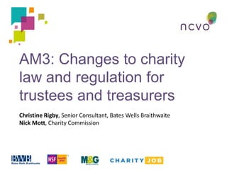 AM3: Changes to charity
law and regulation for
trustees and treasurers
Christine Rigby, Senior Consultant, Bates Wells Braithwaite
Nick Mott, Charity Commission

 
