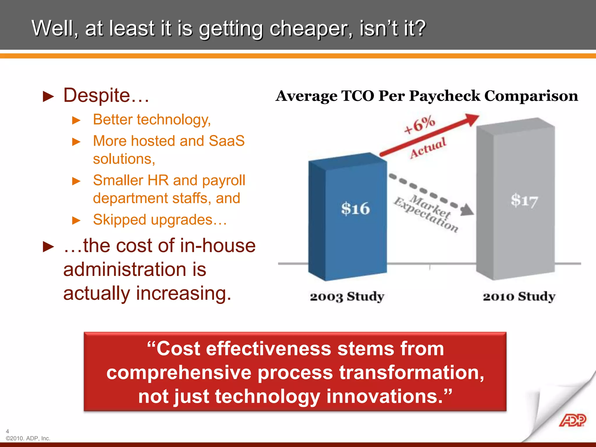 Well, at least it is getting cheaper, isn’t it?


            ►      Despite…                   Average TCO Per Paycheck Comparison
                   ► Better technology,
                   ► More hosted and SaaS
                     solutions,
                   ► Smaller HR and payroll
                     department staffs, and
                   ► Skipped upgrades…

            ►      …the cost of in-house
                   administration is
                   actually increasing.

                          “Cost effectiveness stems from
                       comprehensive process transformation,
                         not just technology innovations.”
4
©2010. ADP, Inc.
 