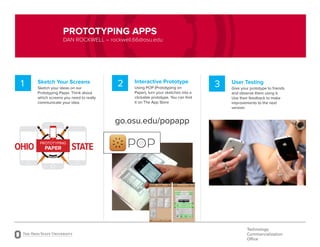 Interactive Prototype
Using POP (Prototyping on
Paper), turn your sketches into a
clickable prototype. You can find
it on The App Store
2
go.osu.edu/popapp
PROTOTYPING APPS
DAN ROCKWELL – rockwell.66@osu.edu
OHIO STATE
PROTOTYPING
PAPER
Sketch Your Screens
Sketch your ideas on our
Prototyping Paper. Think about
which screens you need to really
communicate your idea.
1 User Testing
Give your prototype to friends
and observe them using it.
Use their feedback to make
improvements to the next
version.
3
Technology
Commercialization
Office
 