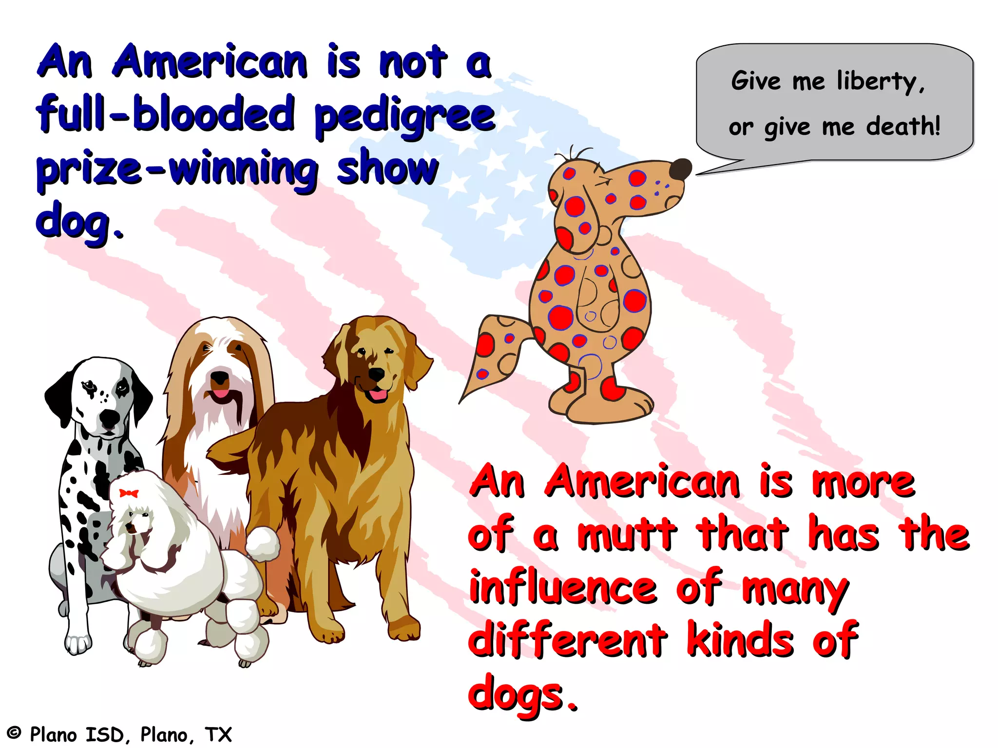 An American is not a              Give me liberty,
  full-blooded pedigree             or give me death!
  prize-winning show
  dog.




                         An American is more
                         of a mutt that has the
                         influence of many
                         different kinds of
                         dogs.
© Plano ISD, Plano, TX
 