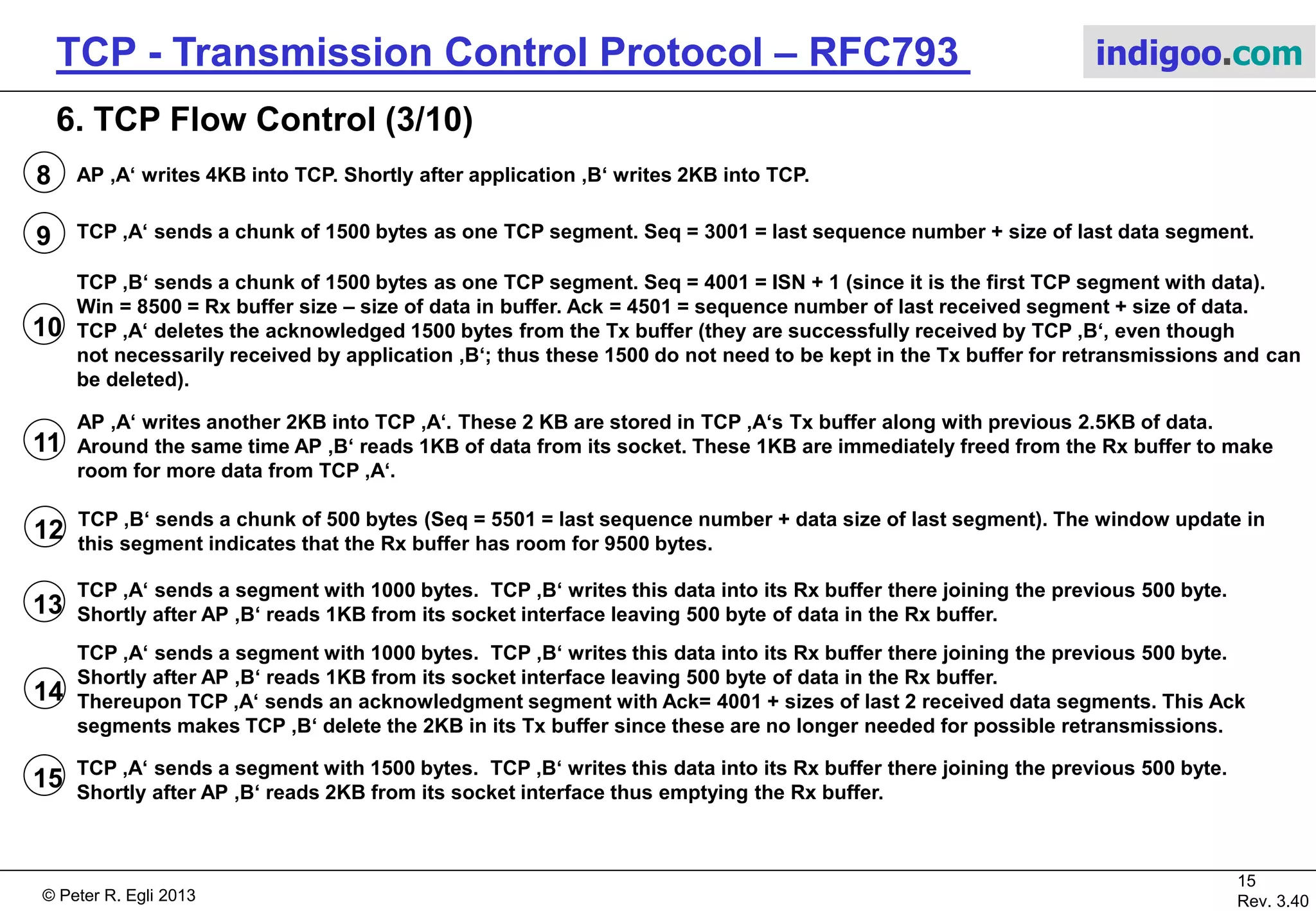 © Peter R. Egli 2017
15/51
Rev. 3.70
TCP - Transmission Control Protocol indigoo.com
1
3-way handshake for connection establishment. Through corresponding socket calls (indicated by ‚socket()..‘) host ‚A‘ and ‚B‘
open a TCP connection (host ‚A‘ performs an active open while host ‚B‘ listens for an incoming connection request). Host ‚A‘
and ‚B‘ exchange and acknowledge each other the sequence numbers (ISN Initial Sequence Number). Host ‚A‘ has a receive
buffer for 6000 bytes and announces this with Win=6000. Host ‚B‘ has a receive buffer for 10000 bytes and announces this with
Win=10000. Note that the SYNs occupy 1 number in the sequence number space thus the first data byte has Seq=ISN+1.
2
Application Process (AP) ‚A‘ writes 2KB into TCP. These 2KB are stored in the transmit buffer (Tx buffer). The data remains
in the Tx buffer until its reception is acknowledged by TCP ‚B‘. In case of packet loss TCP ‚A‘ has the data still in the
Tx buffer for retransmissions.
3
TCP ‚A‘ sends a first chunk of 1500 bytes as one TCP segment. Note that Seq=1001 = ISN+1. These 1500 bytes are stored
in TCP ‚B‘s receive buffer.
4
TCP ‚A‘ sends a chunk of 500 bytes. Again, these 500 bytes are stored in TCP ‚B‘s receive buffer (along with the previous
1500 bytes). The sequence number is Seq=2501 = previous sequence number + size of previous data chunk.
Note that the initial 2KB data are still in TCP ‚A‘s Tx buffer awaiting to be acknowledged by TCP ‚B‘.
5
TCP ‚B‘ sends an acknowledge segment acknowledging successful reception of 2KB. This is indicated through Ack=3001
which means that TCP ‚B‘ expects that the sequence number of the next data byte is 3001 or, in other words, the sequence
number of the last data byte successfully received is 3000. Upon reception of the acknowledge TCP ‚A‘ flushes the Tx buffer.
6
AP ‚B‘ reads out 2KB with 1 socket call. Application ‚B‘ may have called ‚receive()‘ much earlier and only now
TCP ‚B‘ (the socket interface) unblocked the call and returned the chunk of 2KB data.
The 2KB data are deleted from host ‚B‘s Rx buffer.
7
TCP ‘B’ sends a pure window update segment to signal to TCP ‘A’ that the receive window size is now 10000 again (Rx buffer).
Note that a real TCP implementation would not send a window update if the Rx buffer still has reasonable free capacity.
A real TCP implementation would wait for more data to arrive, acknowledge this next data and together with the acknowledge
segment also signal the new receive window size. Only when the Rx buffer’s capacity falls below a threshold it is advisable to
send a TCP segment merely updating the window size.
6. TCP Flow Control (2/10)
 