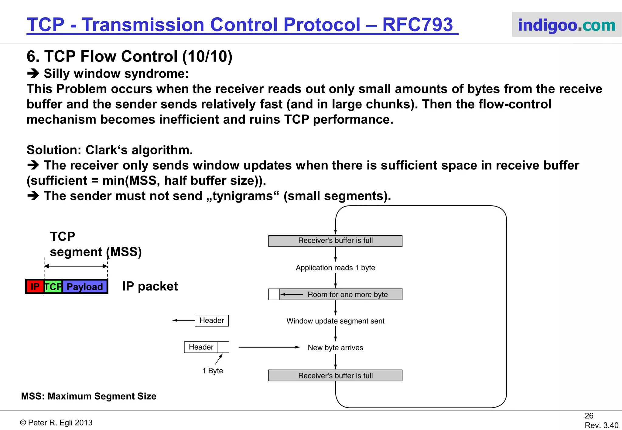 © Peter R. Egli 2017
26/51
Rev. 3.70
TCP - Transmission Control Protocol indigoo.com
6. TCP Flow Control (9/10)
 Nagle‘s Algorithm for further optimization:
In interactive applications (Telnet) where single bytes come in to the sender from
the application sending 1 byte per TCP segment is inefficient (98% overhead).
When activated Nagle‘s algorithm sends only the first byte and buffers all subsequent bytes
until the first byte has been acknowledged. Then the sender sends all so far buffered bytes
in one segment. This can save a substantial number of TCP segments (IP packets) when the
user types fast and the network is slow.
Sender Receiver
ACK
With Nagle‘s algorithm:
AP
Data
Data
RTT
RTT Round Trip Time (time between sending a packet and receiving the response).
Sender Receiver
Without Nagle‘s algorithm:
AP
Data
Data
Data
Data
Data
 