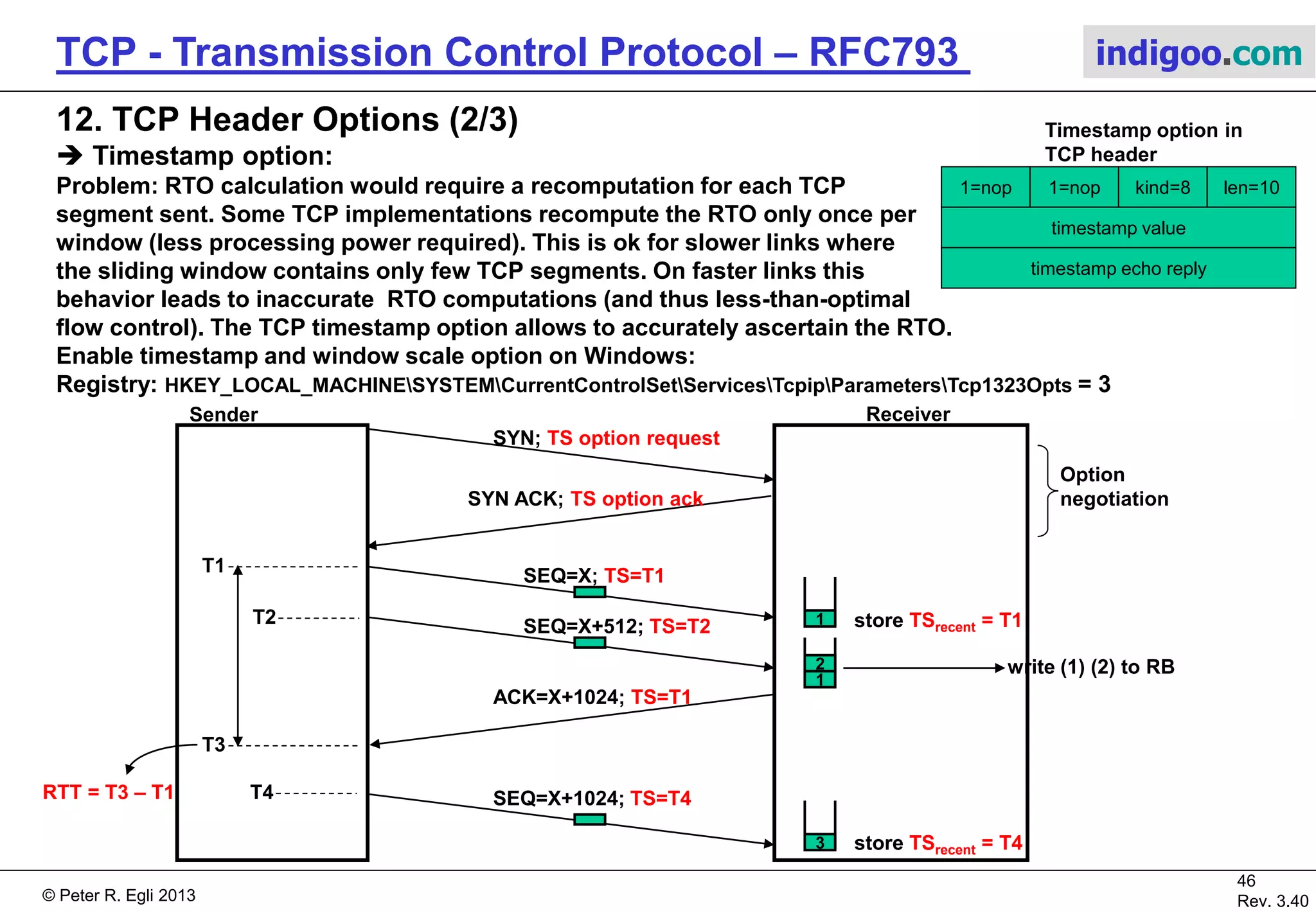 © Peter R. Egli 2017
46/51
Rev. 3.70
TCP - Transmission Control Protocol indigoo.com
12. TCP Header Options (1/3)
 Window scale option:
Problem: High-speed networks with long delay; network (transmission path) then stores large
amounts of data („long fat pipe“).
E.g. 155Mbps line with 40ms delay  775Kbytes are underway in the transmission path
but the maximum window size is restricted to 65535 bytes (16 bit field).
Solution: With the window scaling option the window size can be increased (exponentially)
thus making the window large enough to „saturate“ the transmission path.
Lower window edge
incremented as bytes are acknowledged
initialized to ISN+1
Upper window edge
incremented by number in window field
initialized to ISN+1 + advertised window
Send window
Bytes waiting to
be acknowledged
Byte stream
Bytes waiting to be sent
in send buffer
Can be
sent
anytime
Required window size to fully utilize link bandwidth = Blink * Delaylink
e.g. long intercontinental fiberoptic line 155Mbps * 40ms = 775Kbytes
Max. window size = 65535 (16bit)
Bytes sent and
acknowledged
TCP Header
1=nop kind=3 len=3 shift count
Window size field remains unchanged,
but is scaled by window scale option
E.g. shift count=3:  Ws * 23 = Ws * 8
E.g. shift count=0:  Ws * 20 = Ws * 1
 