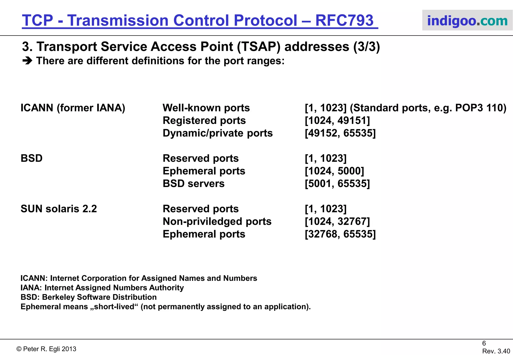 © Peter R. Egli 2017
6/51
Rev. 3.70
TCP - Transmission Control Protocol indigoo.com
3. Transport Service Access Point (TSAP) addresses (2/3)
 Each TSAP (TCP port) is bound to at most 1 socket, i.e. a TCP port can not be opened
multiple times.
IP 192.168.1.1
TCP
Data Link
Physical Link
IP 213.4.3.2
TCP
Data Link
Physical Link
Application
process
TSAP 1208
(port number)
NSAP
Data Link Layer
Physical Layer
Network Layer
Transport Layer
Application Layer
192.168.1.131452213.4.3.2 1208
213.4.3.21208192.168.1.1 31452
Source
Port
Source
IP
Dest.
Port
Dest.
IP
Server
process
TSAP 31452
(port number)
NSAP
 