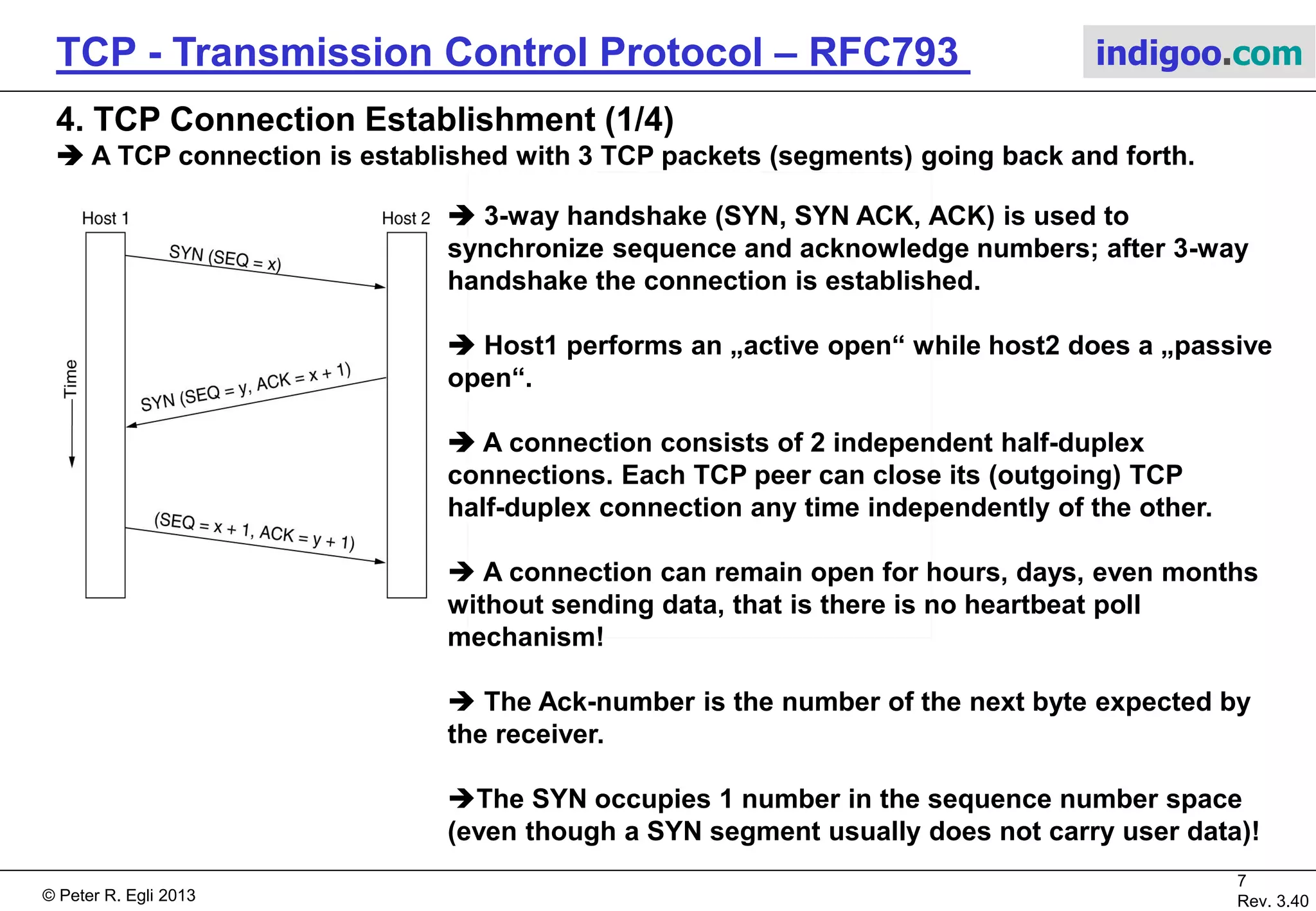 © Peter R. Egli 2017
7/51
Rev. 3.70
TCP - Transmission Control Protocol indigoo.com
ICANN (former IANA) Well-known ports [1, 1023] (Standard ports, e.g. POP3 110)
Registered ports [1024, 49151]
Dynamic/private ports [49152, 65535]
BSD Reserved ports [1, 1023]
Ephemeral ports [1024, 5000]
BSD servers [5001, 65535]
SUN solaris 2.2 Reserved ports [1, 1023]
Non-priviledged ports [1024, 32767]
Ephemeral ports [32768, 65535]
ICANN: Internet Corporation for Assigned Names and Numbers
IANA: Internet Assigned Numbers Authority
BSD: Berkeley Software Distribution
Ephemeral means „short-lived“ (not permanently assigned to an application).
3. Transport Service Access Point (TSAP) addresses (3/3)
 There are different definitions for the port ranges:
 