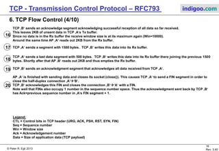 © Peter R. Egli 2017
16/51
Rev. 3.70
TCP - Transmission Control Protocol indigoo.com
8 AP ‚A‘ writes 4KB into TCP. Shortly after application ‚B‘ writes 2KB into TCP.
9 TCP ‚A‘ sends a chunk of 1500 bytes as one TCP segment. Seq = 3001 = last sequence number + size of last data segment.
TCP ‚B‘ sends a chunk of 1500 bytes as one TCP segment. Seq = 4001 = ISN + 1 (since it is the first TCP segment with data).
Win = 8500 = Rx buffer size – size of data in buffer. Ack = 4501 = sequence number of last received segment + size of data.
TCP ‚A‘ deletes the acknowledged 1500 bytes from the Tx buffer (they are successfully received by TCP ‚B‘, even though
not necessarily received by application ‚B‘; thus these 1500 do not need to be kept in the Tx buffer for retransmissions and can
be deleted).
10
AP ‚A‘ writes another 2KB into TCP ‚A‘. These 2 KB are stored in TCP ‚A‘s Tx buffer along with previous 2.5KB of data.
Around the same time AP ‚B‘ reads 1KB of data from its socket. These 1KB are immediately freed from the Rx buffer to make
room for more data from TCP ‚A‘.
11
TCP ‚B‘ sends a chunk of 500 bytes (Seq = 5501 = last sequence number + data size of last segment). The window update in
this segment indicates that the Rx buffer has room for 9500 bytes.
12
TCP ‚A‘ sends a segment with 1000 bytes. TCP ‚B‘ writes this data into its Rx buffer there joining the previous 500 byte.
Shortly after AP ‚B‘ reads 1KB from its socket interface leaving 500 byte of data in the Rx buffer.13
14
TCP ‚A‘ sends a segment with 1000 bytes. TCP ‚B‘ writes this data into its Rx buffer there joining the previous 500 byte.
Shortly after AP ‚B‘ reads 1KB from its socket interface leaving 500 byte of data in the Rx buffer.
Thereupon TCP ‚A‘ sends an acknowledgment segment with Ack= 4001 + sizes of last 2 received data segments. This Ack
segments makes TCP ‚B‘ delete the 2KB in its Tx buffer since these are no longer needed for possible retransmissions.
15 TCP ‚A‘ sends a segment with 1500 bytes. TCP ‚B‘ writes this data into its Rx buffer there joining the previous 500 byte.
Shortly after AP ‚B‘ reads 2KB from its socket interface thus emptying the Rx buffer.
6. TCP Flow Control (3/10)
 