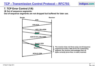 © Peter R. Egli 2017
27/51
Rev. 3.70
TCP - Transmission Control Protocol indigoo.com
6. TCP Flow Control (10/10)
 Silly window syndrome:
This Problem occurs when the receiver reads out only small amounts of bytes from the receive
buffer and the sender sends relatively fast (and in large chunks). Then the flow-control
mechanism becomes inefficient and ruins TCP performance.
Solution: Clark‘s algorithm.
 The receiver only sends window updates when there is sufficient space in receive buffer
(sufficient = min(MSS, half buffer size)).
 The sender must not send „tynigrams“ (small segments).
IP packetPayloadTCPIP
TCP
segment (MSS)
MSS: Maximum Segment Size
 