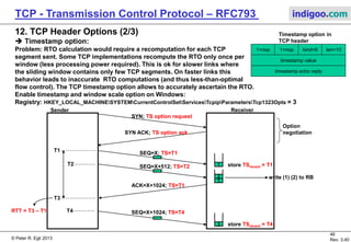 © Peter R. Egli 2017
46/51
Rev. 3.70
TCP - Transmission Control Protocol indigoo.com
12. TCP Header Options (1/3)
 Window scale option:
Problem: High-speed networks with long delay; network (transmission path) then stores large
amounts of data („long fat pipe“).
E.g. 155Mbps line with 40ms delay  775Kbytes are underway in the transmission path
but the maximum window size is restricted to 65535 bytes (16 bit field).
Solution: With the window scaling option the window size can be increased (exponentially)
thus making the window large enough to „saturate“ the transmission path.
Lower window edge
incremented as bytes are acknowledged
initialized to ISN+1
Upper window edge
incremented by number in window field
initialized to ISN+1 + advertised window
Send window
Bytes waiting to
be acknowledged
Byte stream
Bytes waiting to be sent
in send buffer
Can be
sent
anytime
Required window size to fully utilize link bandwidth = Blink * Delaylink
e.g. long intercontinental fiberoptic line 155Mbps * 40ms = 775Kbytes
Max. window size = 65535 (16bit)
Bytes sent and
acknowledged
TCP Header
1=nop kind=3 len=3 shift count
Window size field remains unchanged,
but is scaled by window scale option
E.g. shift count=3:  Ws * 23 = Ws * 8
E.g. shift count=0:  Ws * 20 = Ws * 1
 