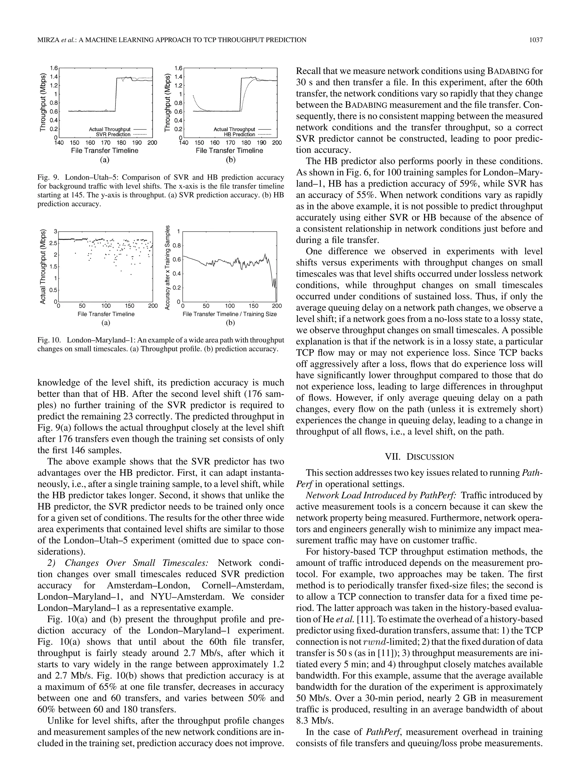 1034                                                                                  IEEE/ACM TRANSACTIONS ON NETWORKING, VOL. 18, NO. 4, AUGUST 2010




Fig. 5. Scatter plots for the SVR-based predictor using one, two, or three distinct ﬁle sizes in the training set. All results shown use active measurements to train
the predictor. Testing is done using a range of 100 ﬁle sizes from 2 kB to 8 MB. (a) SVR-AM with ﬁle size of 8 MB in training set. (b) SVR-AM with ﬁle sizes of
32 kB and 8 MB in training set. (c) SVR-AM with ﬁle sizes of 32 kB, 512 kB, and 8 MB in training set.


                               TABLE IV                                             ples for a single ﬁle size. We would not see maximum accuracy
       RELATIVE ACCURACY OF SVR-BASED PREDICTOR USING ACTIVE
       MEASUREMENTS (AM) AND TRAINING SETS CONSISTING OF ONE,
                                                                                    occurring at three ﬁle sizes and would instead see an increase in
              TWO, THREE, SIX, OR EIGHT DISTINCT FILE SIZES                         accuracy with increasing number of ﬁle sizes in the training set
                                                                                    if we kept the number of samples of a single ﬁle size constant at
                                                                                    100 in the training set and allowed the size of the training set to
                                                                                    increase from 100 to 200, 300, etc., as we increase the number
                                                                                    of ﬁle sizes in the training set.
                                                                                                    VI. WIDE AREA EXPERIMENTS
                                                                                       To further evaluate our SVR-based TCP throughput predic-
                                                                                    tion method, we created a prototype tool called PathPerf that
                                                                                    can generate measurements and make forecasts on wide area
                                                                                    paths. We used PathPerf to conduct experiments over a set of
                                                                                    paths in the RON testbed [3]. This section presents the results
                                                                                    of our wide area experiments.
ﬁle size, prediction becomes dramatically more accurate, i.e.,
the predictor is able to successfully extrapolate from a handful                    A. The RON Experimental Environment
of sizes in training to a large number of sizes in testing. The                        The RON wide area experiments were conducted in January
third observation is that relative error is low for large ﬁle sizes                 2007 over 18 paths between seven different node locations. Two
(corresponding to high actual throughput), while it is higher for                   nodes were in Europe (in Amsterdam, The Netherlands, and
small ﬁles (low actual throughput), or in other words, predicting                   London, U.K.), and the remainder were located at universities
throughput accurately for small ﬁles is more difﬁcult than for                      in the continental United States (Cornell University, Ithaca,
large ﬁles. For small ﬁles, throughput increases rapidly with ﬁle                   NY; University of Maryland, College Park; University of New
size during TCP’s slow-start phase due to the doubling of the                       Mexico, Albuquerque; New York University, New York; and
window every RTT. Also, packet loss during the transfer of a                        University of Utah, Salt Lake City). Of the 18 paths, two are
small ﬁle has a larger relative impact on throughput. Due to                        trans-European, nine are trans-Atlantic, and seven are transcon-
the greater variability of throughput for small ﬁles, predicting                    tinental U.S. The RON testbed has a signiﬁcantly larger number
throughput accurately is more difﬁcult. The fourth observation                      of available nodes and paths, but two considerations limited the
is that for small ﬁle sizes (i.e., small actual throughput), the error              number of nodes and paths that we could use. The ﬁrst consid-
is always that of overprediction. The smallest ﬁle in the training                  eration was that the nodes should have little or no other CPU
set is 32 kB, while the smallest ﬁle in the test set is 2 kB. This                  or network load while our experiments were running; this is
difference is the cause of overprediction errors: Given the high                    required for BADABING to measure loss accurately. The second
variability of throughput for small ﬁle sizes due to slow-start ef-                 issue was that we could not use any nodes running FreeBSD 5.x
fects and losses having a greater relative impact on throughput,                    because the TCP throughput history caching feature in FreeBSD
without a broader training set, the SVR mechanism is unable to                      5.x, controlled by the variable net.inet.tcp.inﬂight.enable, is on
extrapolate accurately for unseen ranges of small ﬁle sizes.                        by default and interfered with our experiments. Consequently,
    A ﬁnal observation is that prediction accuracy reaches a max-                   we were restricted to using nodes running FreeBSD 4.7, which
imum at three ﬁle sizes in the training set, and there is no clear                  does not have the throughput history caching feature.
trend for four to nine ﬁle sizes in the training set. The number                       We use the following convention for path names: A–B means
of transfers in our training set is always constant at 100, so for                  that A is the TCP sender and B is the receiver, i.e., the TCP
the single training size, there are 100 8-MB transfers for the two                  data ﬂow direction is from A to B, and TCP ack ﬂow is in the
training sizes, there are 50 32-kB transfers and 50 8-MB trans-                     reverse direction. A–B and B–A are considered two different
fers, and so on. We believe that accuracy is maximum at three                       paths because routing and background trafﬁc level asymmetry
training sizes in our experiments because there is a tradeoff be-                   between the forward and reverse directions can lead to major
tween capturing a diversity of ﬁle sizes and the number of sam-                     differences in throughput.
 