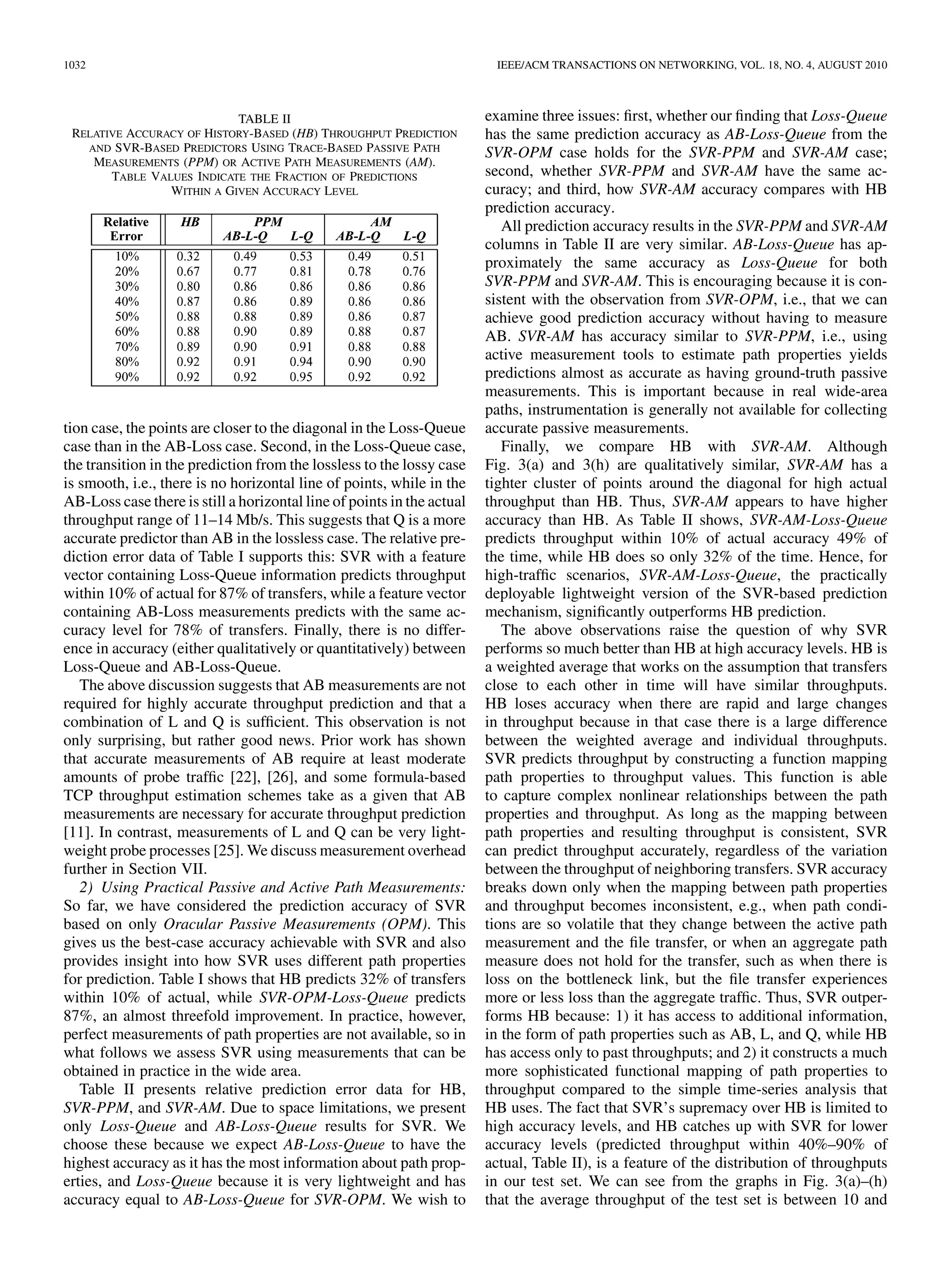 MIRZA et al.: A MACHINE LEARNING APPROACH TO TCP THROUGHPUT PREDICTION                                                                                      1029




Fig. 1. Laboratory testbed. Cross trafﬁc ﬂowed across one of two routers at hop B, while probe trafﬁc ﬂowed through the other. Optical splitters connected Endace
DAG 3.5 and 3.8 passive packet capture cards to the testbed between hops B and C and hops C and D. Measurement trafﬁc (ﬁle transfers, loss probes, and available
bandwidth probes) ﬂowed from left to right. Congestion in the testbed occurred at hop C.



A. Experimental Environment                                                       B. Experimental Protocol
                                                                                     We generated background trafﬁc by running the Harpoon IP
   The laboratory testbed used in our experiments is shown                        trafﬁc generator [24] between up to four pairs of trafﬁc gen-
in Fig. 1. It consisted of commodity end-hosts connected                          eration hosts as illustrated in Fig. 1. Harpoon produced open-
to a dumbbell-like topology of Cisco GSR 12000 routers.                           loop self-similar trafﬁc using a heavy-tailed ﬁle size distribu-
Both measurement and background trafﬁc was generated and                          tion, mimicking a mix of application trafﬁc such as Web and
received by the end-hosts. Trafﬁc ﬂowed from the sending                          peer-to-peer applications common in today’s Internet. Harpoon
hosts on separate paths via Gigabit Ethernet to separate Cisco                    was conﬁgured to produce average offered loads ranging from
GSRs (hop B in the ﬁgure) where it was forwarded on OC12                          approximately 60% to 105% on the bottleneck link (the OC3
(622 Mb/s) links. This conﬁguration was created in order to                       between hops C and D).
accommodate a precision passive measurement system. Trafﬁc                           As illustrated in Fig. 2, measurement trafﬁc in the testbed con-
from the OC12 links was then multiplexed onto a single OC3                        sisted of ﬁle transfers and active measurements of AB, L, and Q.
(155 Mb/s) link (hop C in the ﬁgure), which formed the bottle-                    We also measured all three metrics passively using packet traces.
neck where congestion took place. We used an AdTech SX-14                         All measurements are aggregates for all ﬂows on the path. Mea-
hardware-based propagation delay emulator on the OC3 link                         surements were separated by 30-s intervals. For the measurement
to add 25 ms delay in each direction for all experiments and                      trafﬁc hosts, we increased the TCP receive window size to 128 kB
conﬁgured the bottleneck queue to hold approximately 50 ms                        (with the window scaling option turned on). In receive window
of packets. Packets exited the OC3 link via another Cisco GSR                     limited transfers, ﬁle transfer throughput was approximately 21
12000 (hop D in the ﬁgure) and passed to receiving hosts via                      Mb/s. That is, if the available bandwidth on the bottleneck link
Gigabit Ethernet.                                                                 was 21 Mb/s or more, the ﬂow was receive window                 lim-
   The measurement hosts and trafﬁc generation hosts were                         ited; otherwise, it was congestion window               limited. We
identically conﬁgured workstations running FreeBSD 5.4.                           increased the receive window size because we wanted ﬁle trans-
The workstations had 2-GHz Intel Pentium 4 processors                             fers to be        -limited so we could evaluate our predictor thor-
with 2 GB of RAM and Intel Pro/1000 network cards. They                           oughly;         -limited transfers have constant throughput for a
were also dual-homed, so all management trafﬁc was on a                           given         size, so any reasonable predictor performs well on
separate network than that depicted in Fig. 1. We disabled                               -limited transfers. For this reason, we do not report any re-
the TCP throughput history caching feature in FreeBSD 5.4,                        sults for        -limited ﬂows.
controlled by the variable net.inet.tcp.inﬂight.enable, to allow                     Series of measurements were collected and then split up into
TCP throughput to be determined by current path properties                        mutually exclusive training and test sets for SVR. Notions of
rather than throughput history.                                                   separate training and test sets are not required for history-based
   A key aspect of our testbed was the measurement system                         methods; rather, predictions are made over the continuous no-
used to establish the true path properties for our evaluation.                    tion of distant and recent history. In our evaluation of history-
Optical splitters were attached to both the ingress and egress                    based methods, we use the ﬁnal prediction of the training set as
links at hop C, and Endace DAG 3.5 and 3.8 passive moni-                          the starting point for the test set.
toring cards were used to capture traces of all packets entering                     Fig. 2 shows that we gather three types of measurements
and leaving the bottleneck node. By comparing packet headers,                     for each experiment: Oracular Passive Measurements (OPM),
we were able to identify which packets were lost at the con-                      Practical Passive Measurements (PPM), and Active Measure-
gested output queue during experiments and accurately mea-                        ments (AM). Oracular measurements, taken during the ﬁle
sure available bandwidth on the congested link. Furthermore,                      transfer, give us perfect information about network conditions,
the fact that the measurements of packets entering and leaving                    so we can establish the best possible accuracy of our prediction
hop C were synchronized at a very ﬁne granularity (i.e., a single                 mechanism. In practice, this oracular information is not avail-
microsecond) enabled us to precisely measure queuing delays                       able for making predictions. AM, taken before the ﬁle transfer,
through the congested router.                                                     are available in practice and can thus be used for prediction.
 