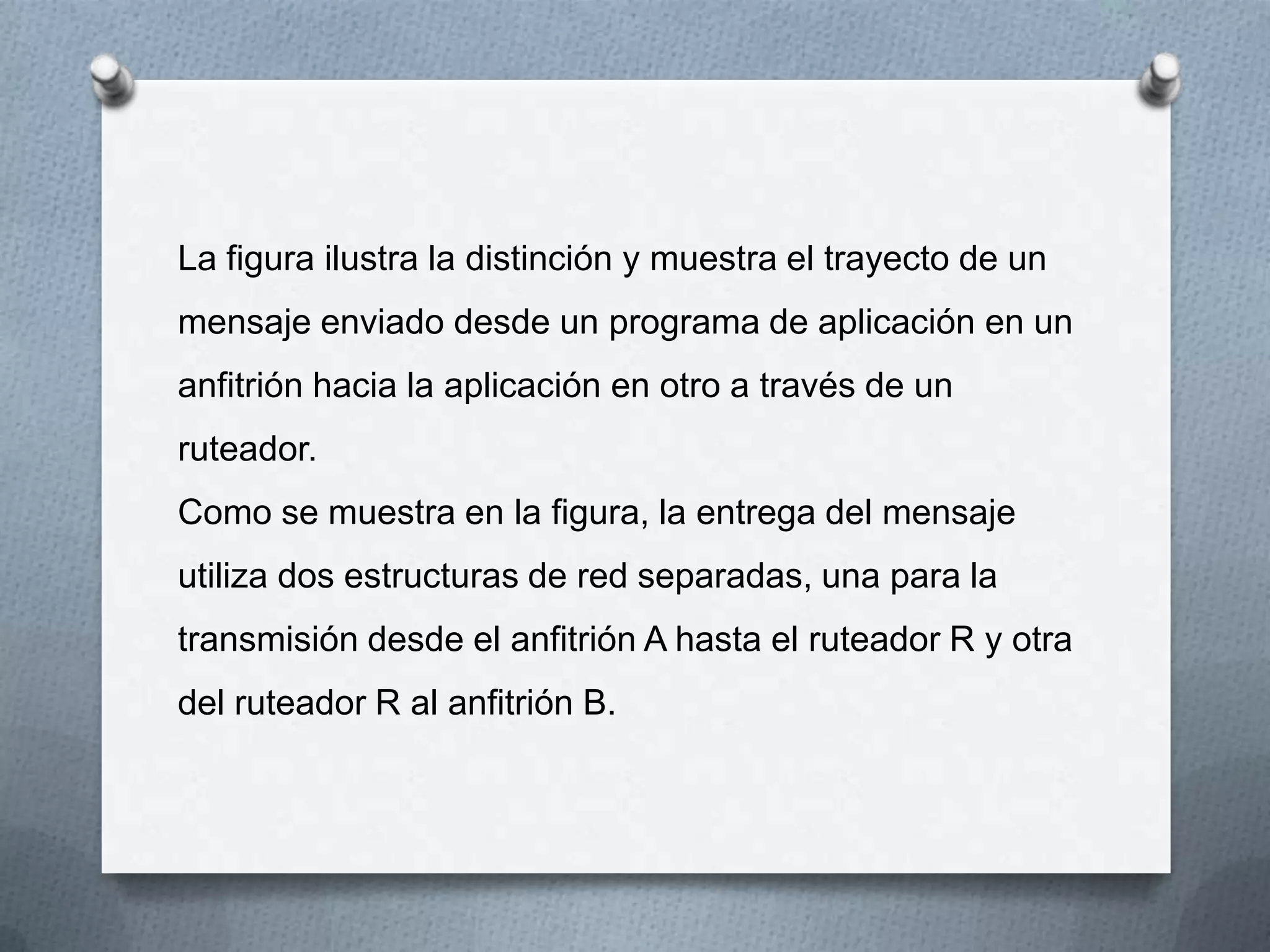 La figura ilustra la distinción y muestra el trayecto de un
mensaje enviado desde un programa de aplicación en un
anfitrión hacia la aplicación en otro a través de un
ruteador.
Como se muestra en la figura, la entrega del mensaje
utiliza dos estructuras de red separadas, una para la
transmisión desde el anfitrión A hasta el ruteador R y otra
del ruteador R al anfitrión B.
 
