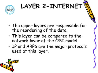 LAYER 2-INTERNET
• The upper layers are responsible for
the reordering of the data. 
• This layer can be compared to the
network layer of the OSI model. 
• IP and ARP6 are the major protocols
used at this layer.

 