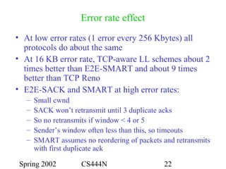 Spring 2002 CS444N 22
Error rate effect
• At low error rates (1 error every 256 Kbytes) all
protocols do about the same
• At 16 KB error rate, TCP-aware LL schemes about 2
times better than E2E-SMART and about 9 times
better than TCP Reno
• E2E-SACK and SMART at high error rates:
– Small cwnd
– SACK won’t retransmit until 3 duplicate acks
– So no retransmits if window < 4 or 5
– Sender’s window often less than this, so timeouts
– SMART assumes no reordering of packets and retransmits
with first duplicate ack
 