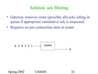 Spring 2002 CS444N 32
Solution: ack filtering
• Gateway removes some (possibly all) acks sitting in
queue if appropriate cumulative ack is enqueued
• Requires no per-connection state at router
router6 5 4 3 2 1
6
 