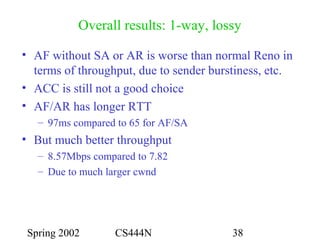 Spring 2002 CS444N 38
Overall results: 1-way, lossy
• AF without SA or AR is worse than normal Reno in
terms of throughput, due to sender burstiness, etc.
• ACC is still not a good choice
• AF/AR has longer RTT
– 97ms compared to 65 for AF/SA
• But much better throughput
– 8.57Mbps compared to 7.82
– Due to much larger cwnd
 
