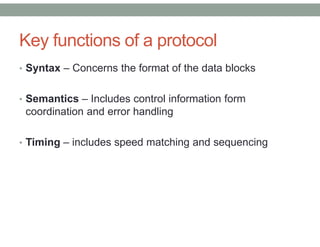 Key functions of a protocol
• Syntax – Concerns the format of the data blocks
• Semantics – Includes control information form
coordination and error handling
• Timing – includes speed matching and sequencing
 