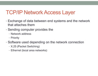TCP/IP Network Access Layer
• Exchange of data between end systems and the network
that attaches them
• Sending computer provides the
• Network address
• Priority
• Software used depending on the network connection
• X.25 (Packet Switching)
• Ethernet (local area networks)
 