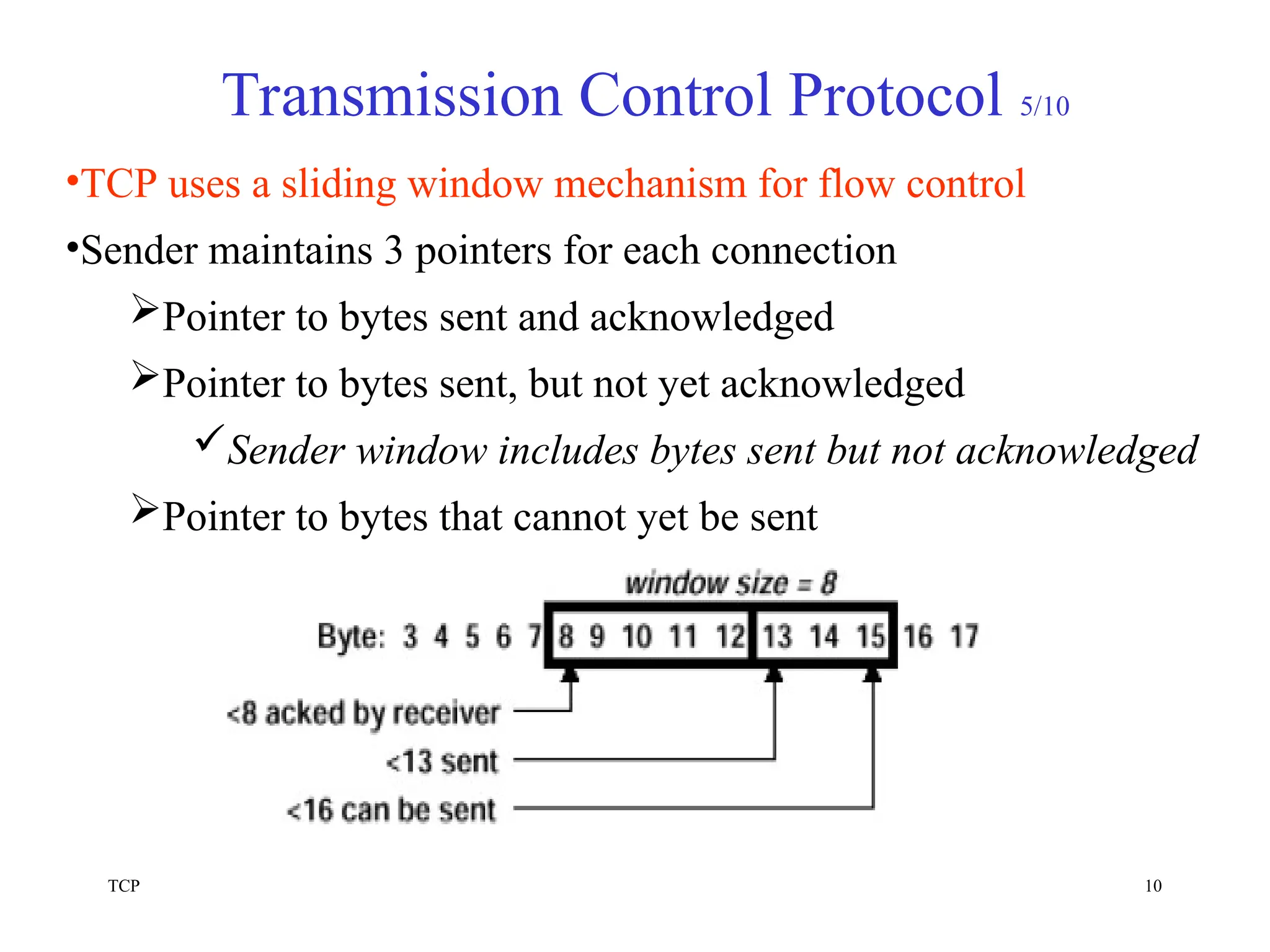 TCP 10
Transmission Control Protocol 5/10
•TCP uses a sliding window mechanism for flow control
•Sender maintains 3 pointers for each connection
Pointer to bytes sent and acknowledged
Pointer to bytes sent, but not yet acknowledged
Sender window includes bytes sent but not acknowledged
Pointer to bytes that cannot yet be sent
 